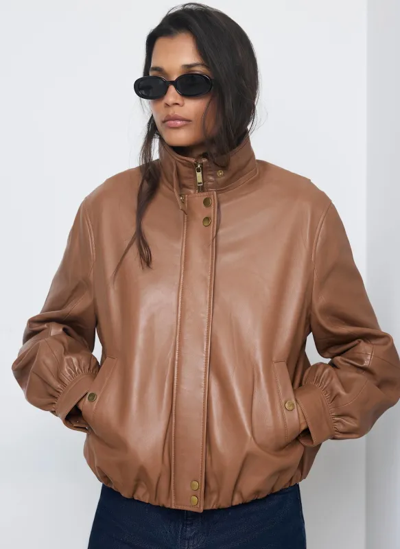 Tan Leather Ultimate Funnel Neck Bomber Jacket made by Mint Velvet
