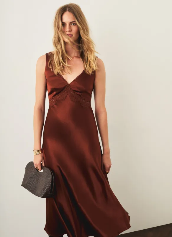 Brown Satin Lace Detail Midi Dress made by Mint Velvet