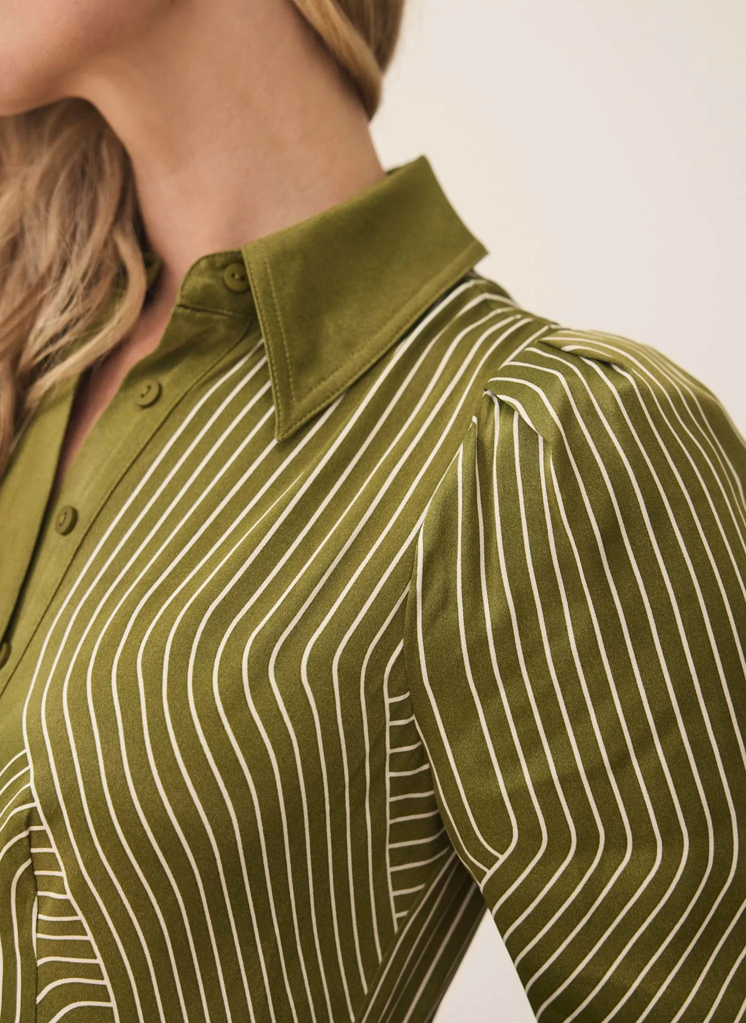 Olive Green Satin Printed Midi Shirt Dress sold by Mint Velvet product image thumbnail 4