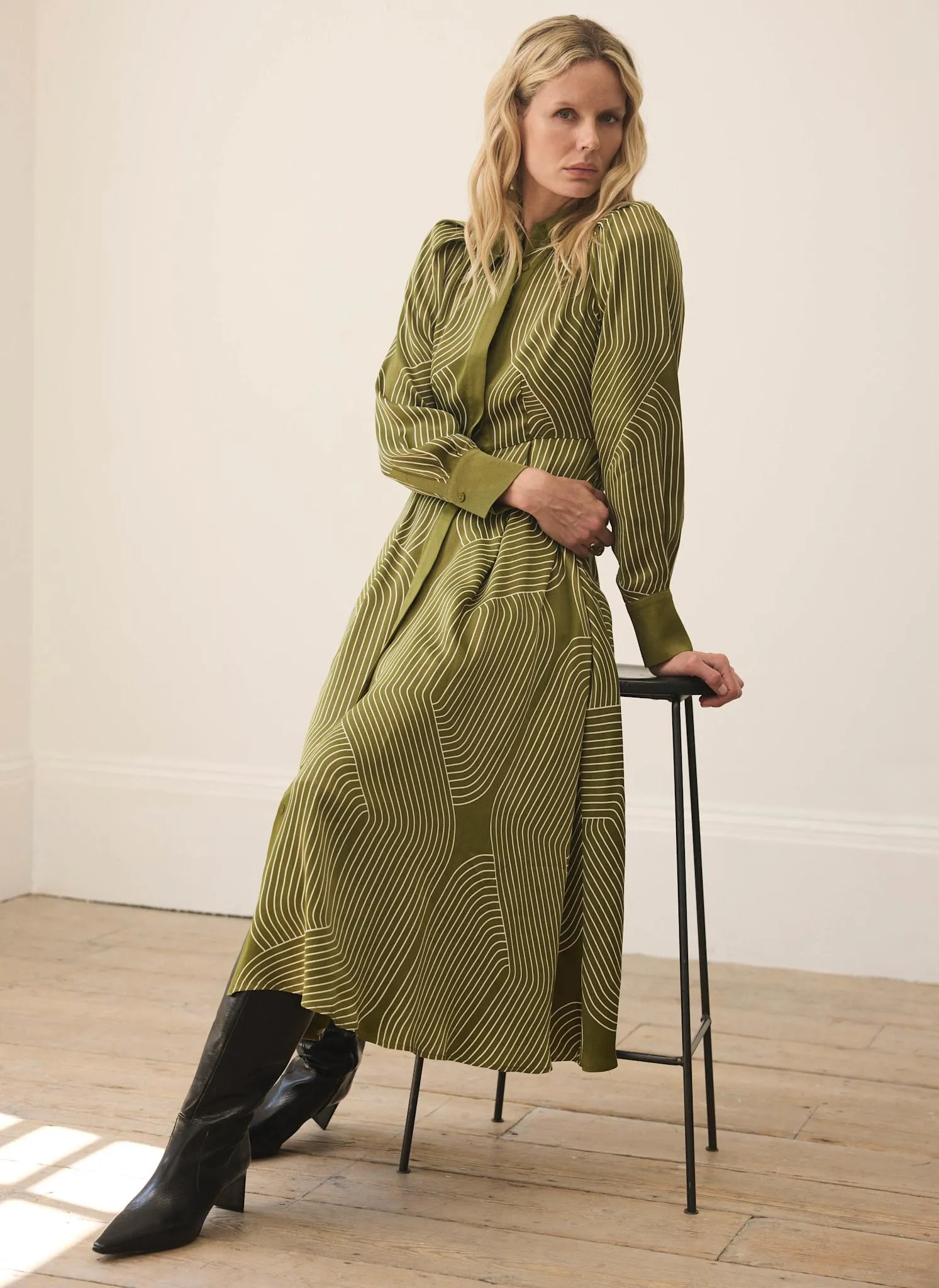 Olive Green Satin Printed Midi Shirt Dress sold by Mint Velvet product image thumbnail 3