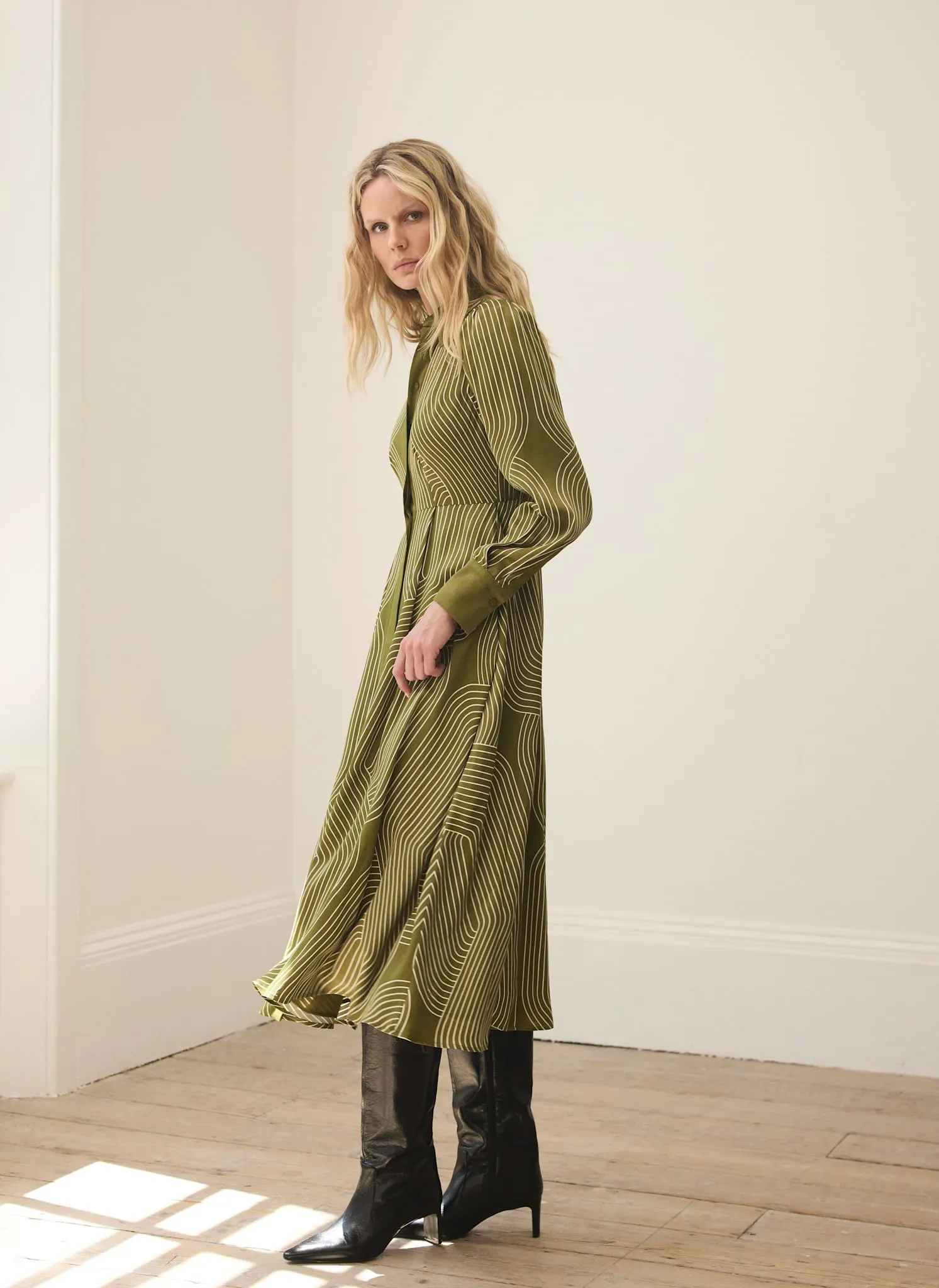 Olive Green Satin Printed Midi Shirt Dress sold by Mint Velvet product image thumbnail 2