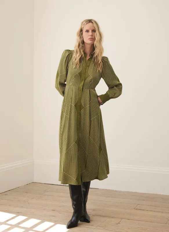 Olive Green Satin Printed Midi Shirt Dress made by Mint Velvet