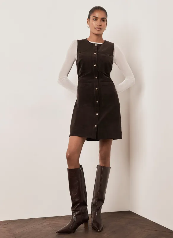 Brown Corduroy Sleeveless Patch Pocket Mini Dress made by Mint Velvet