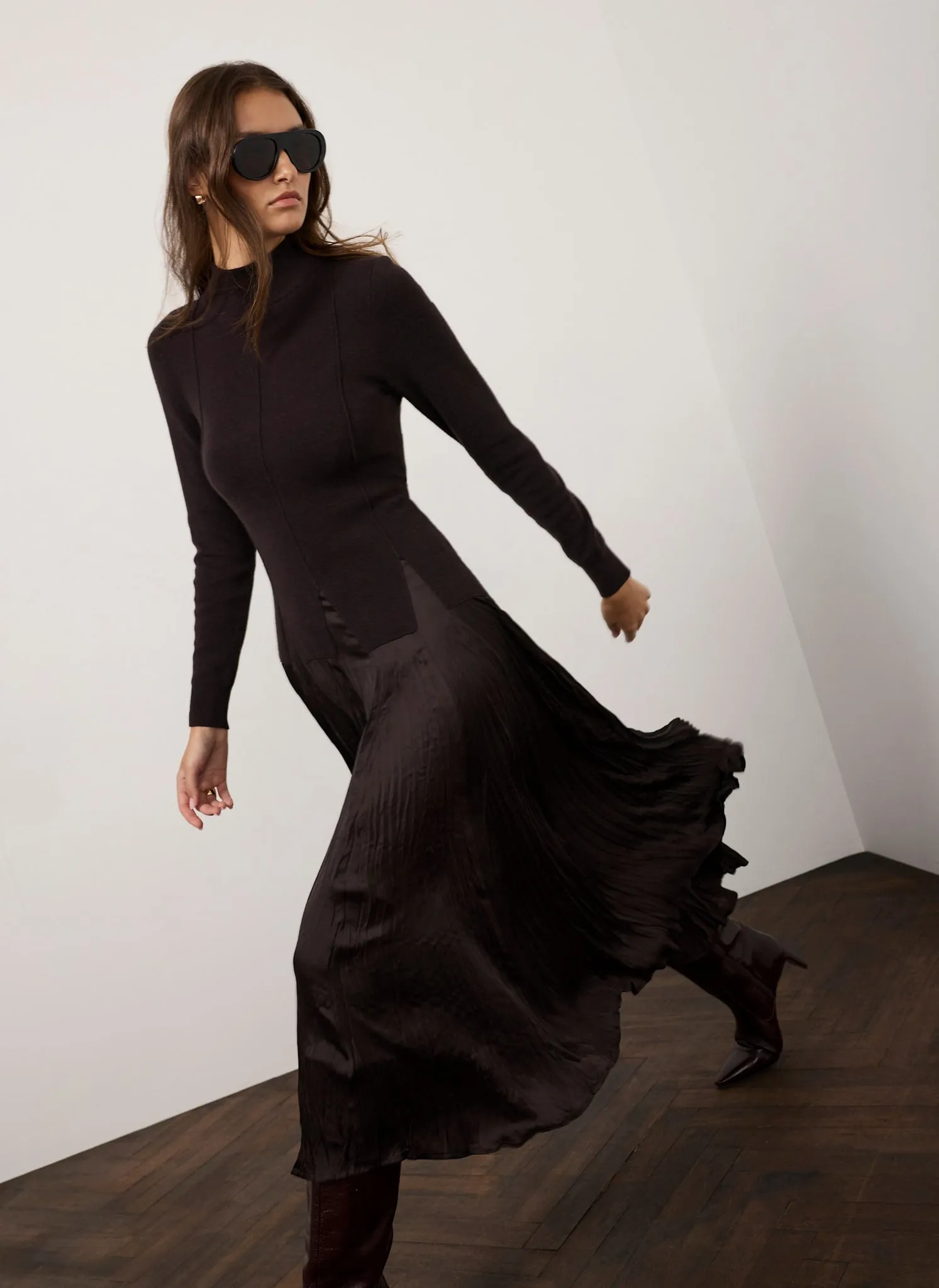 Brown Layered Drop Waist Knit Crinkle Midi Dress sold by Mint Velvet product image thumbnail 3