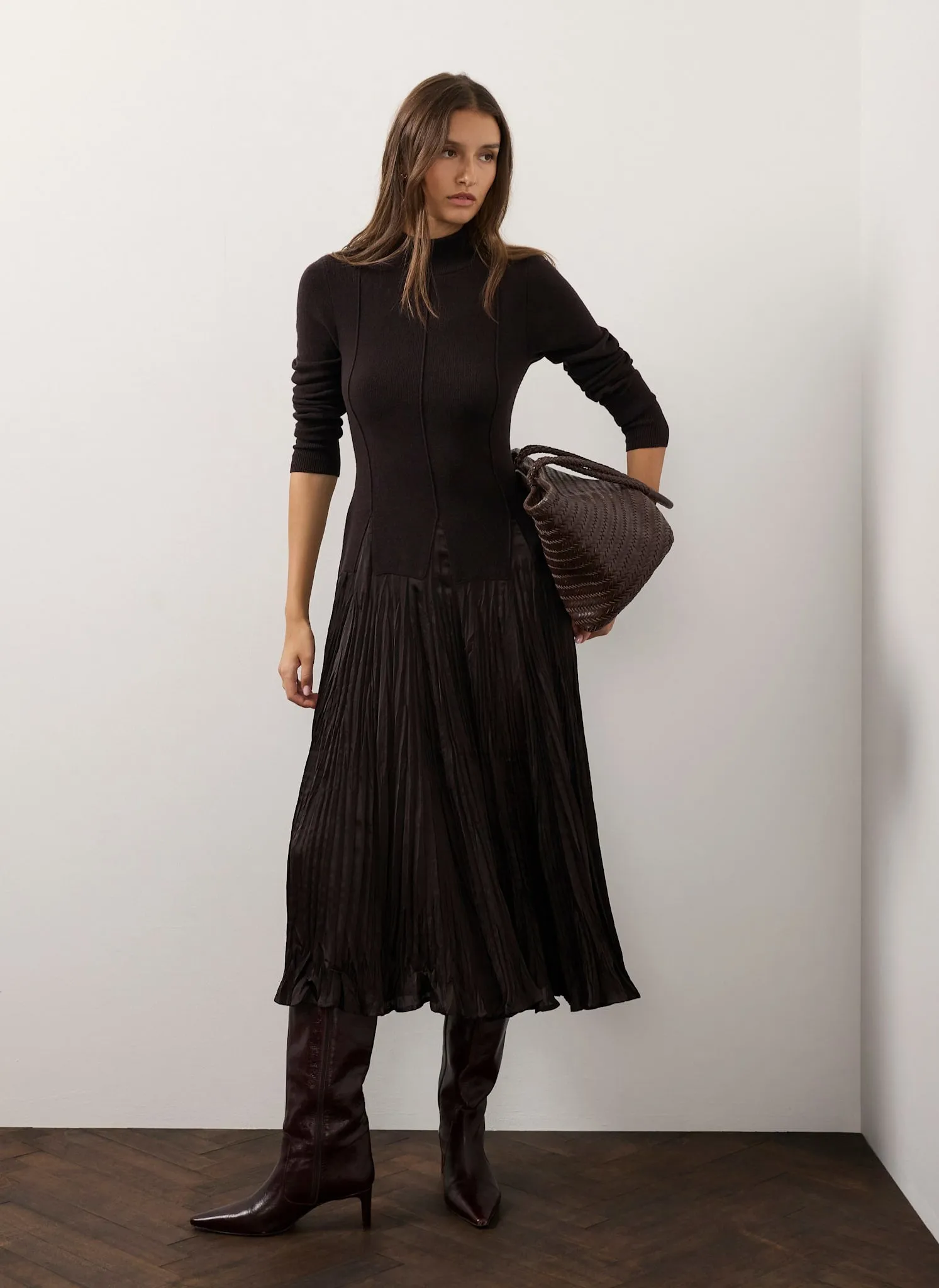 Brown Layered Drop Waist Knit Crinkle Midi Dress sold by Mint Velvet product image thumbnail 5