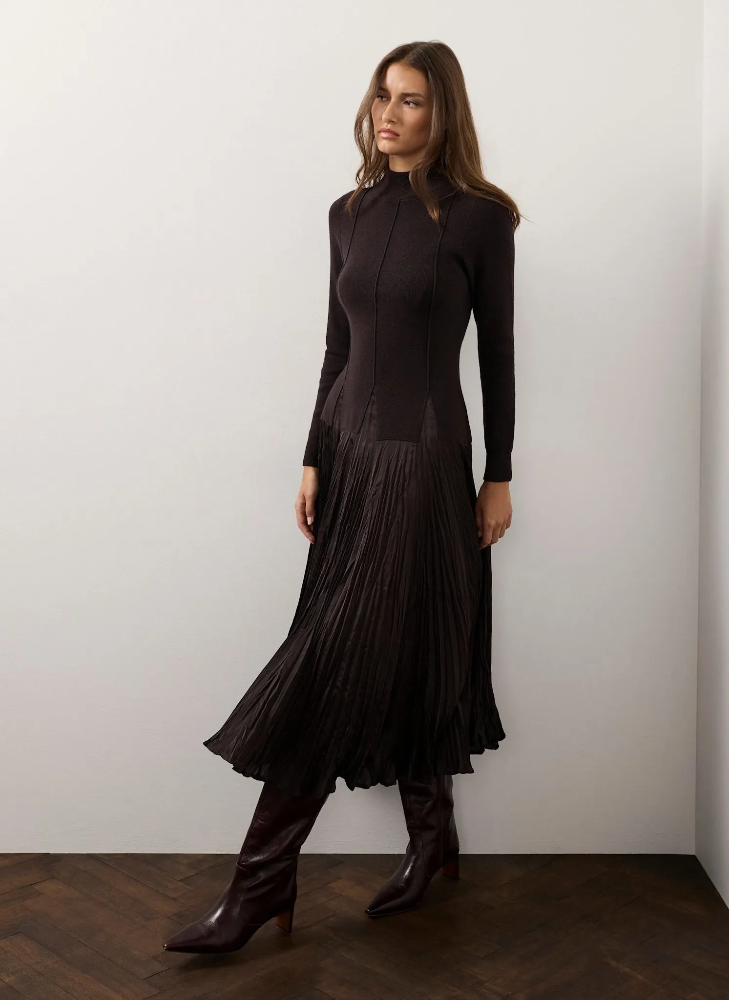 Brown Layered Drop Waist Knit Crinkle Midi Dress sold by Mint Velvet product image thumbnail 2