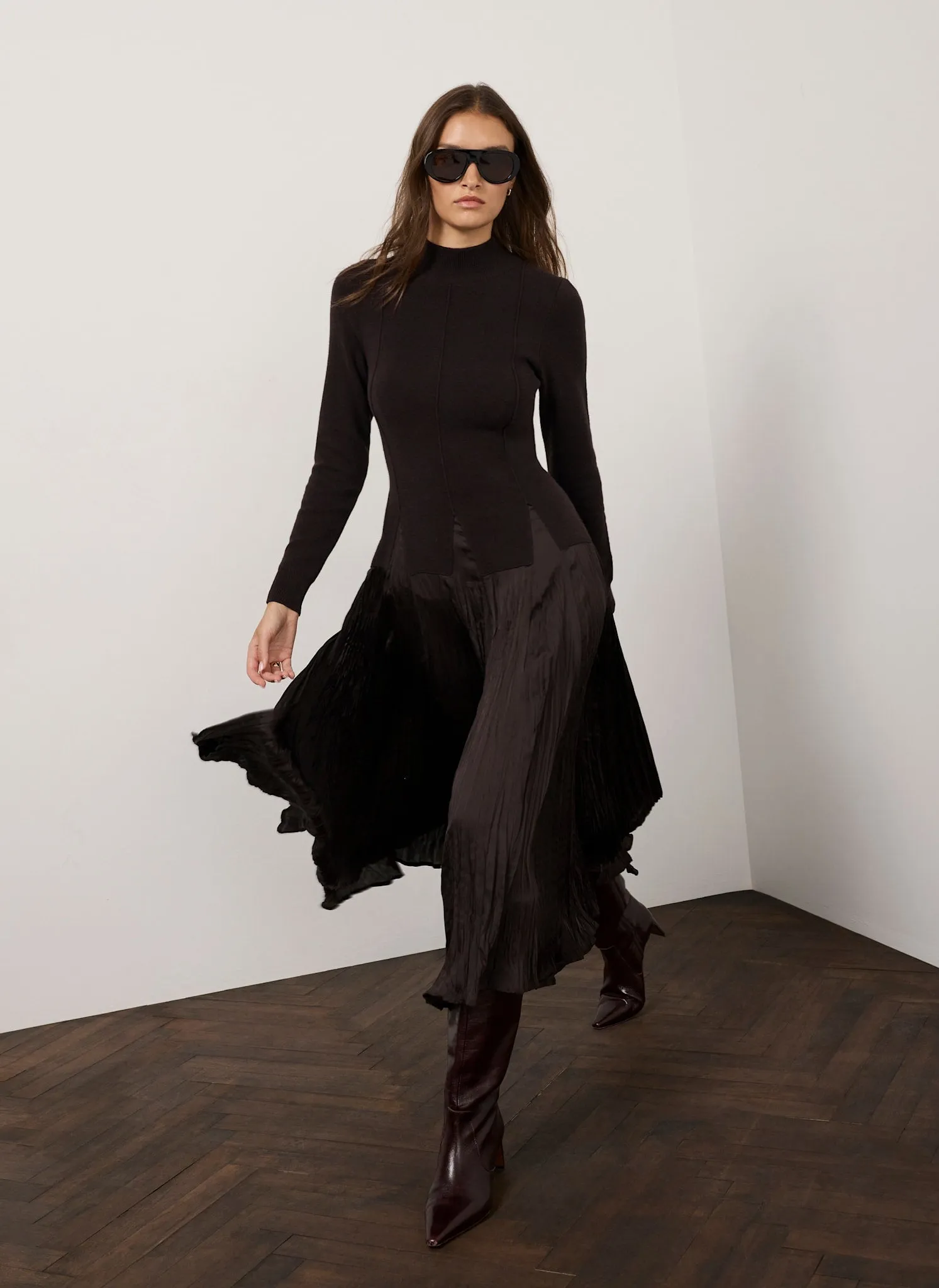 Brown Layered Drop Waist Knit Crinkle Midi Dress sold by Mint Velvet