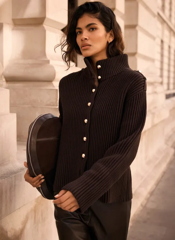 Brown Ribbed Knit Jacket made by Mint Velvet