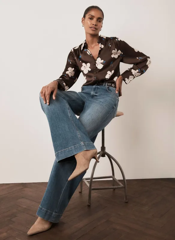 Brown Satin Floral Print Shirt made by Mint Velvet