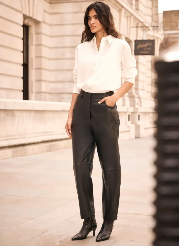 Black Leather Barrel Leg Trousers made by Mint Velvet