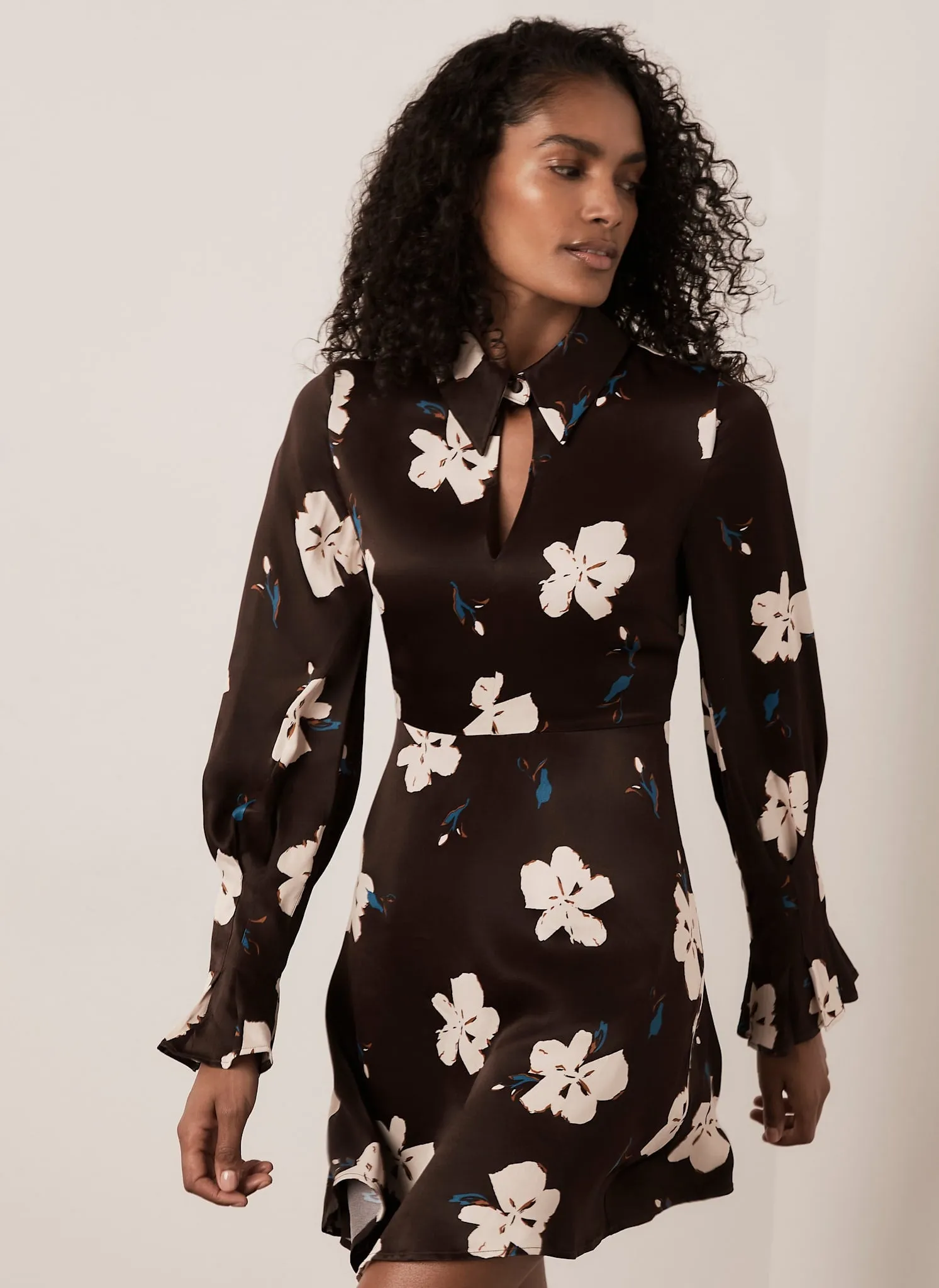 Brown Floral Print Satin Mini Dress sold by Mint Velvet product image thumbnail 3