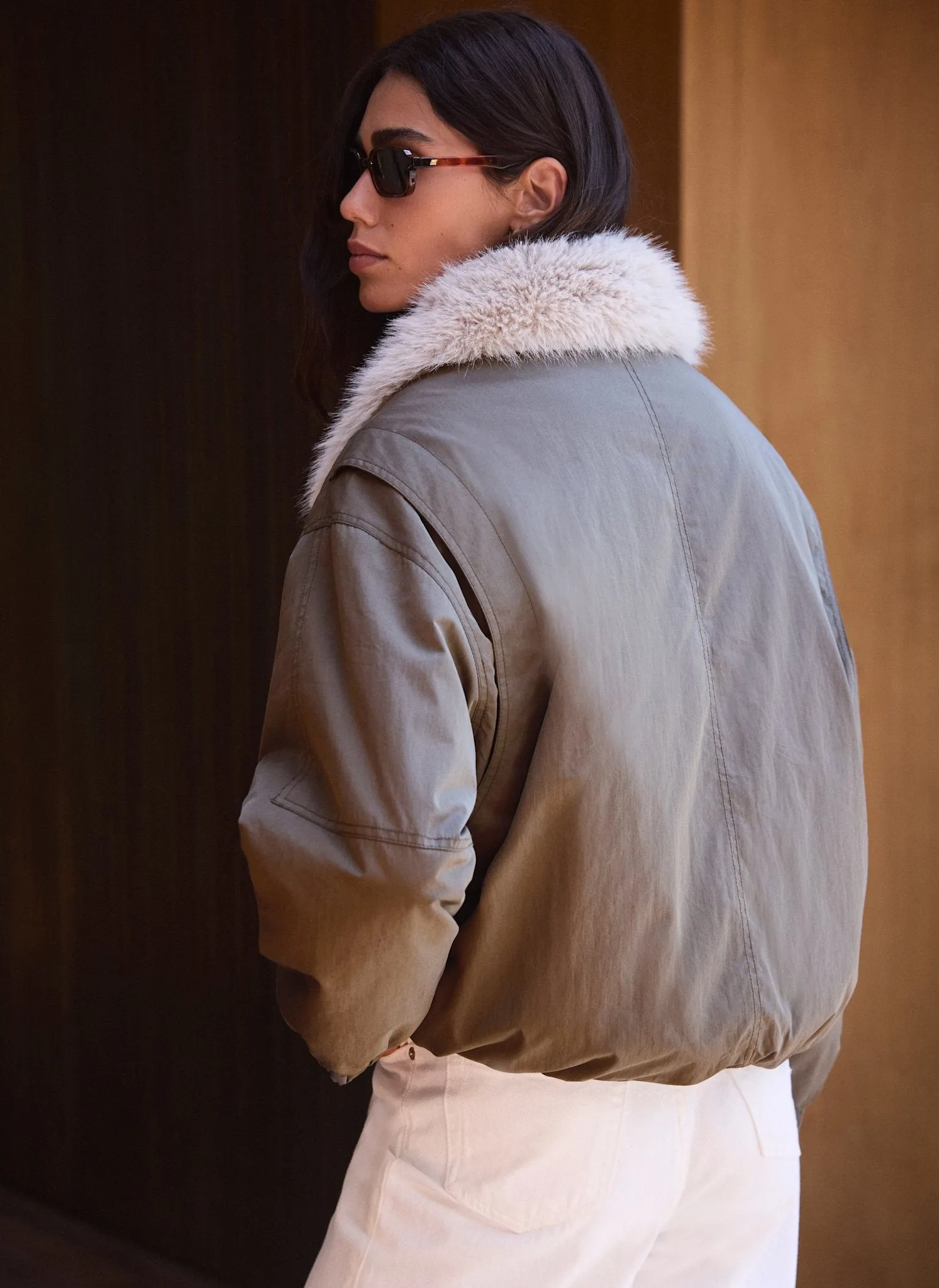 Khaki Faux Fur Lined Bomber Jacket sold by Mint Velvet product image thumbnail 2