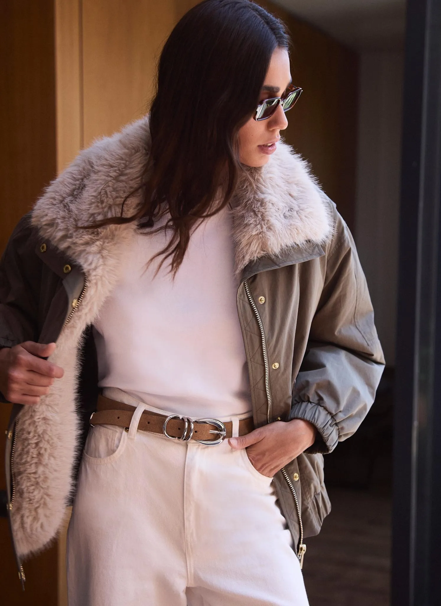 Khaki Faux Fur Lined Bomber Jacket sold by Mint Velvet product image thumbnail 4