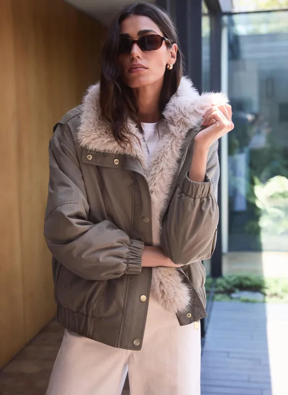 Khaki Faux Fur Lined Bomber Jacket made by Mint Velvet