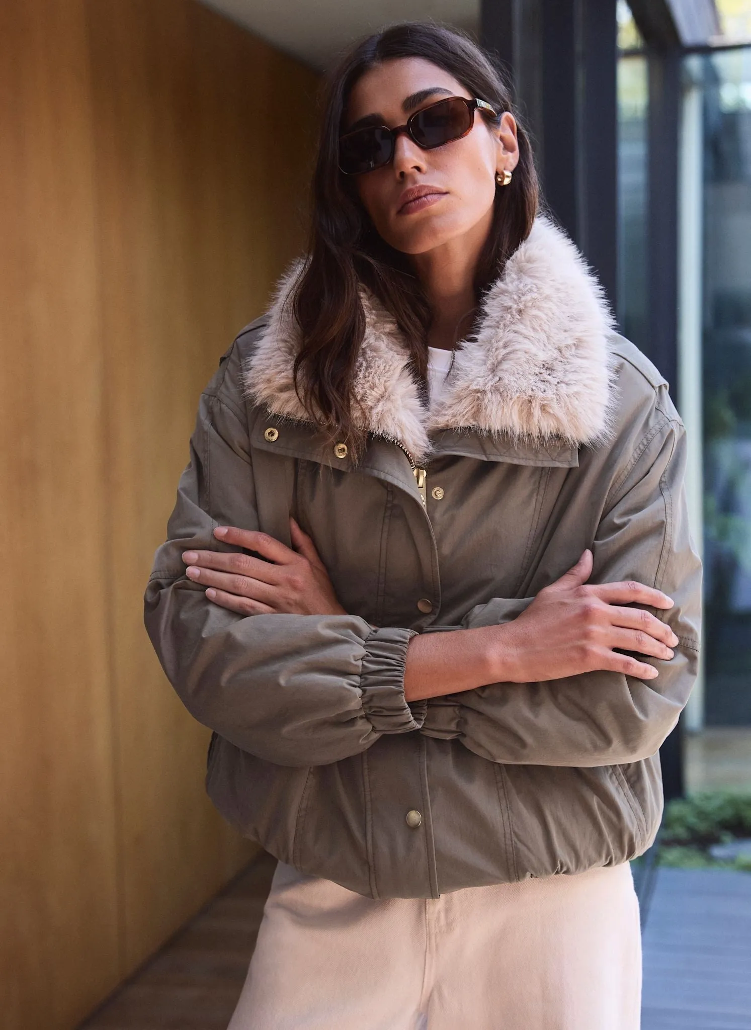 Khaki Faux Fur Lined Bomber Jacket sold by Mint Velvet product image thumbnail 3