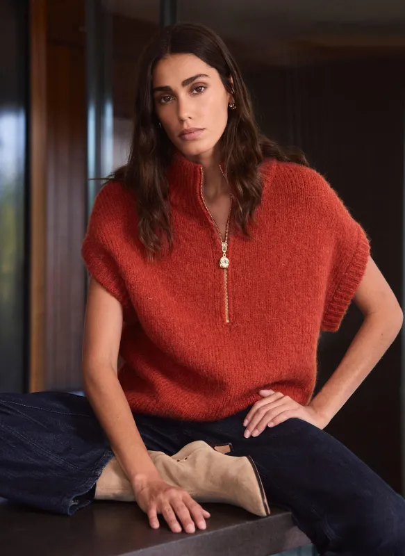 Deep Orange Funnel Neck Half Zip Knit Top made by Mint Velvet