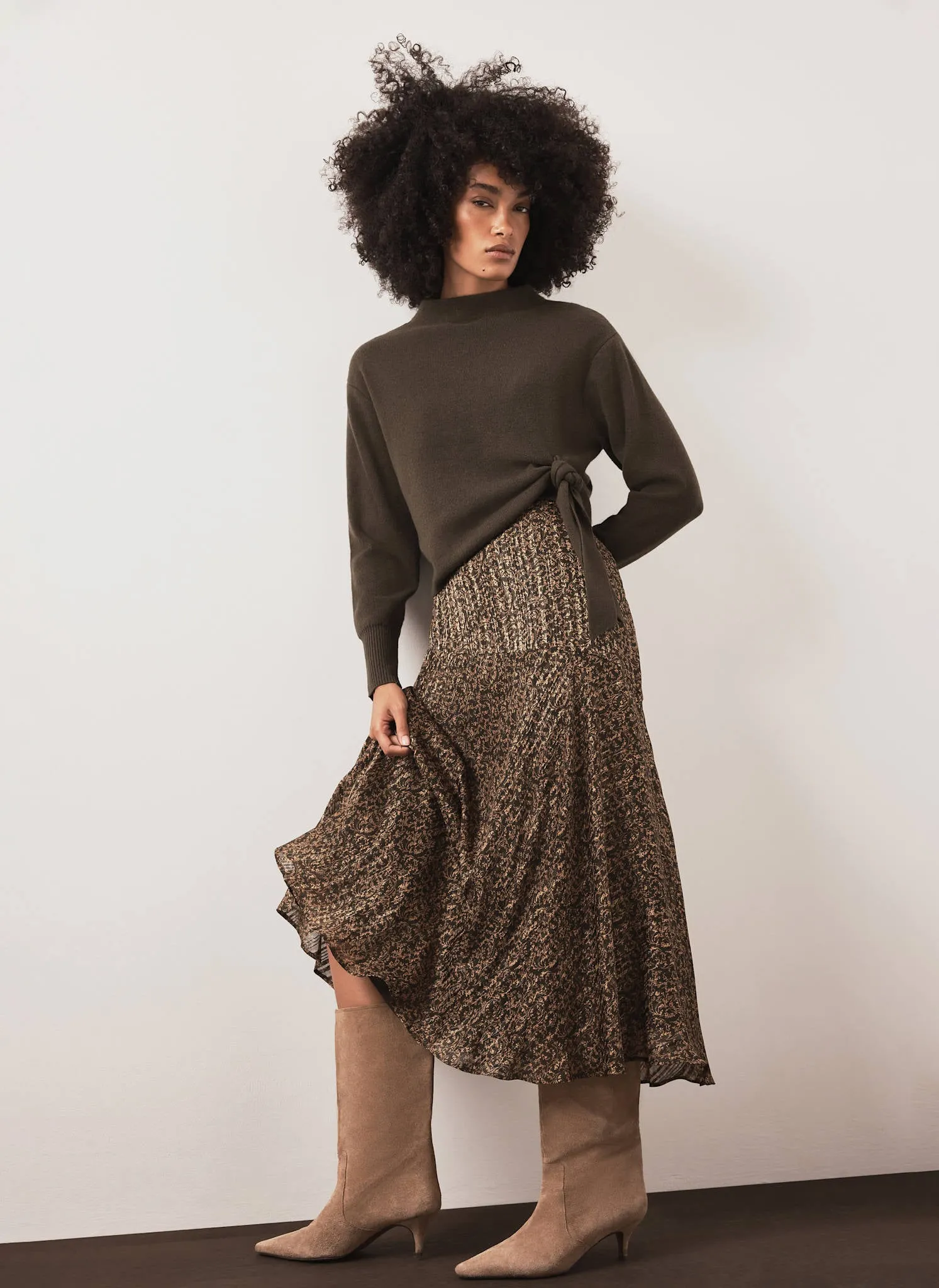 Khaki Floral Print Midi Skirt sold by Mint Velvet