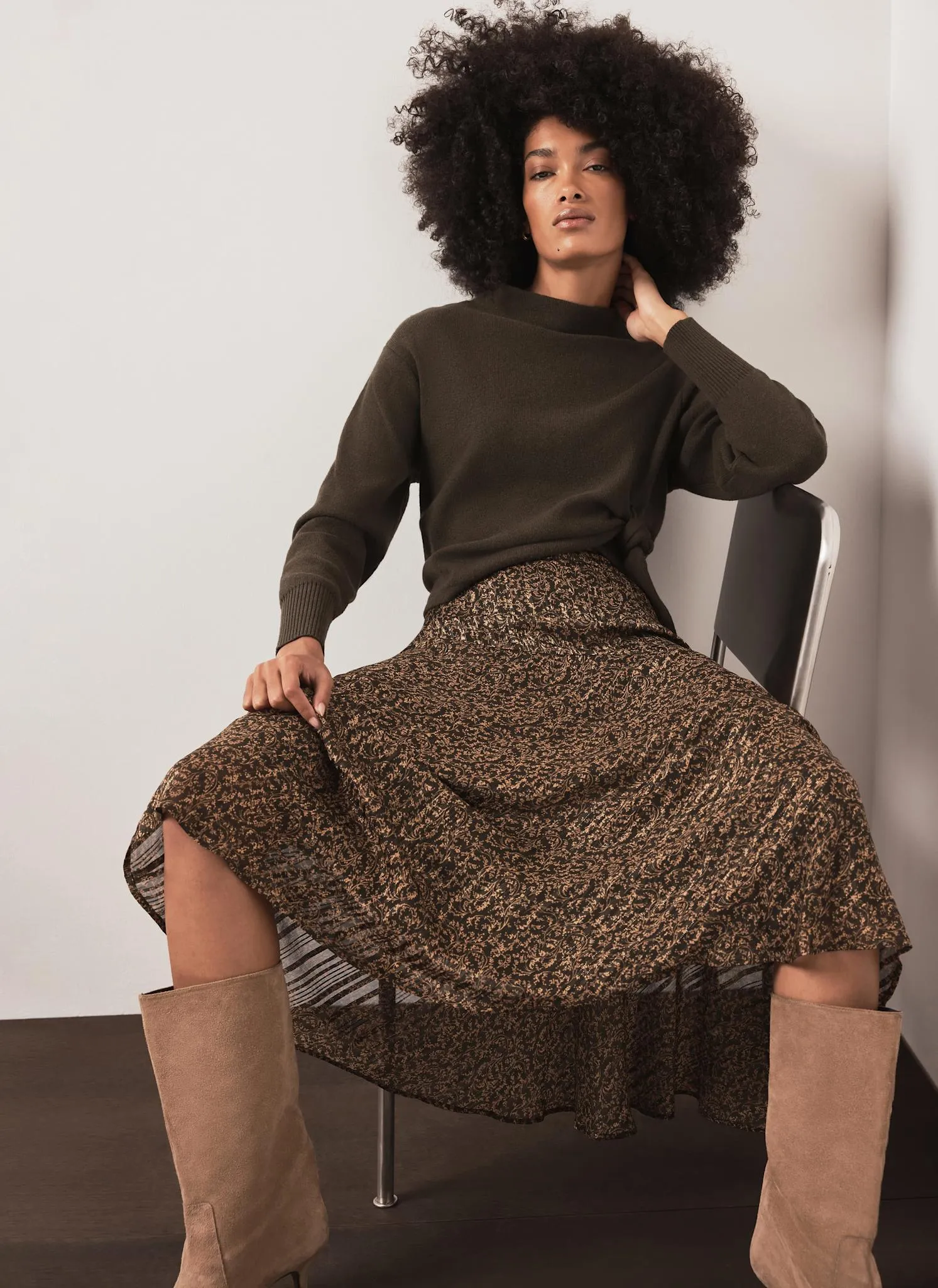 Khaki Floral Print Midi Skirt sold by Mint Velvet product image thumbnail 4