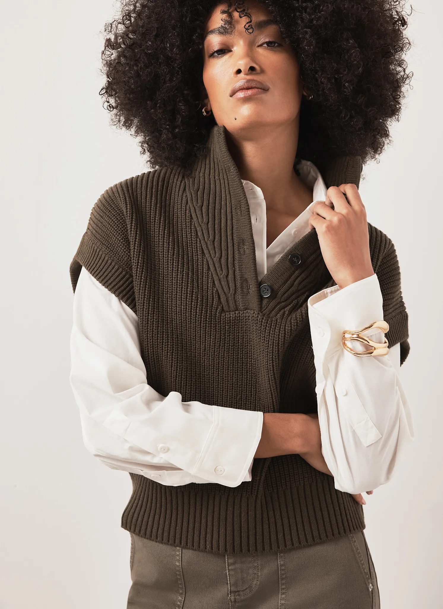 Khaki Funnel Neck Ribbed Knit Top sold by Mint Velvet