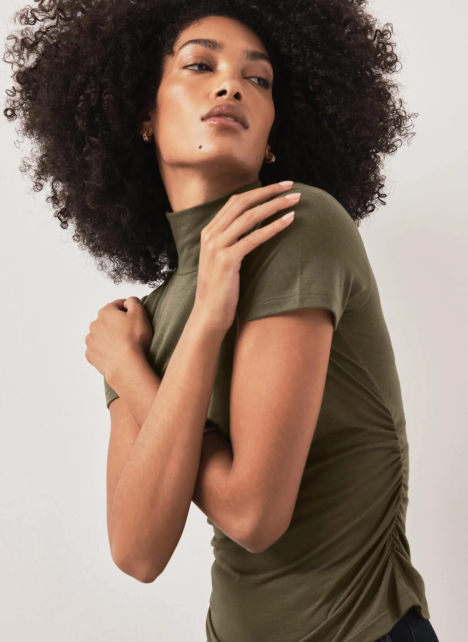 Khaki Ruched Detail High Neck Top sold by Mint Velvet product image thumbnail 3