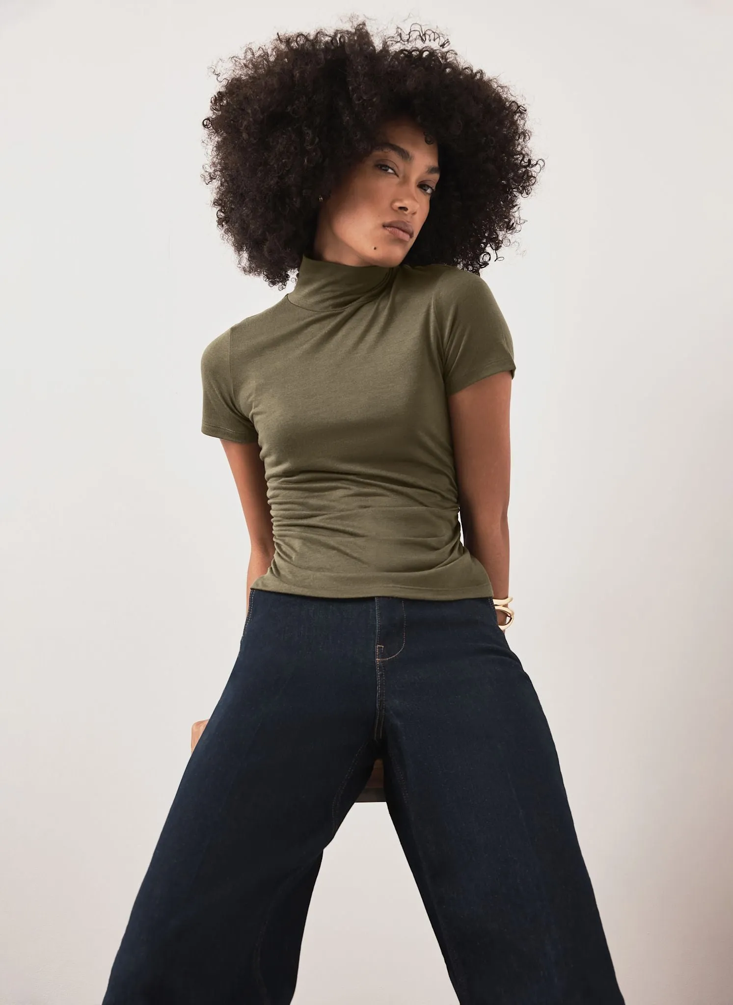 Khaki Ruched Detail High Neck Top sold by Mint Velvet product image thumbnail 5