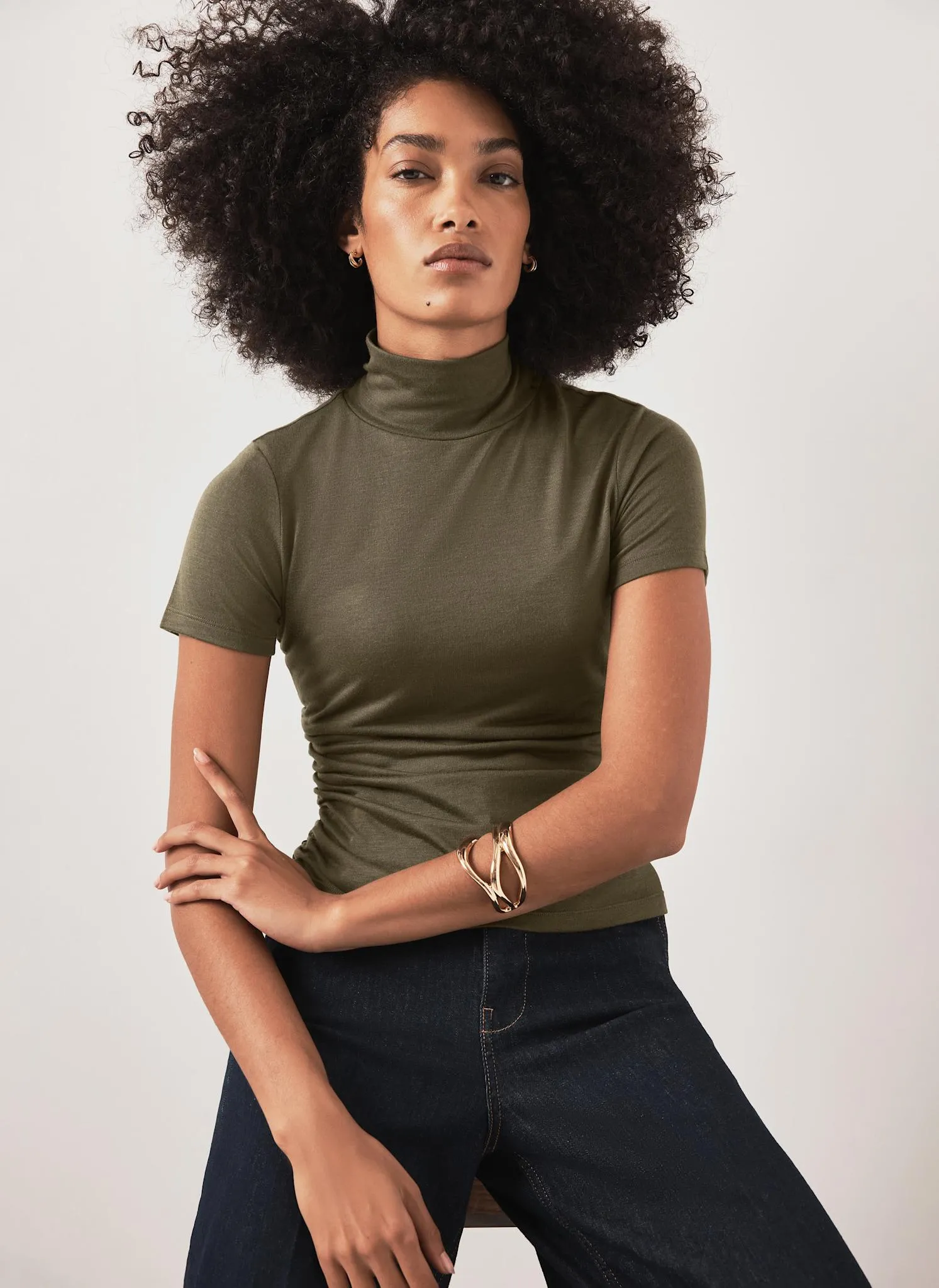 Khaki Ruched Detail High Neck Top sold by Mint Velvet