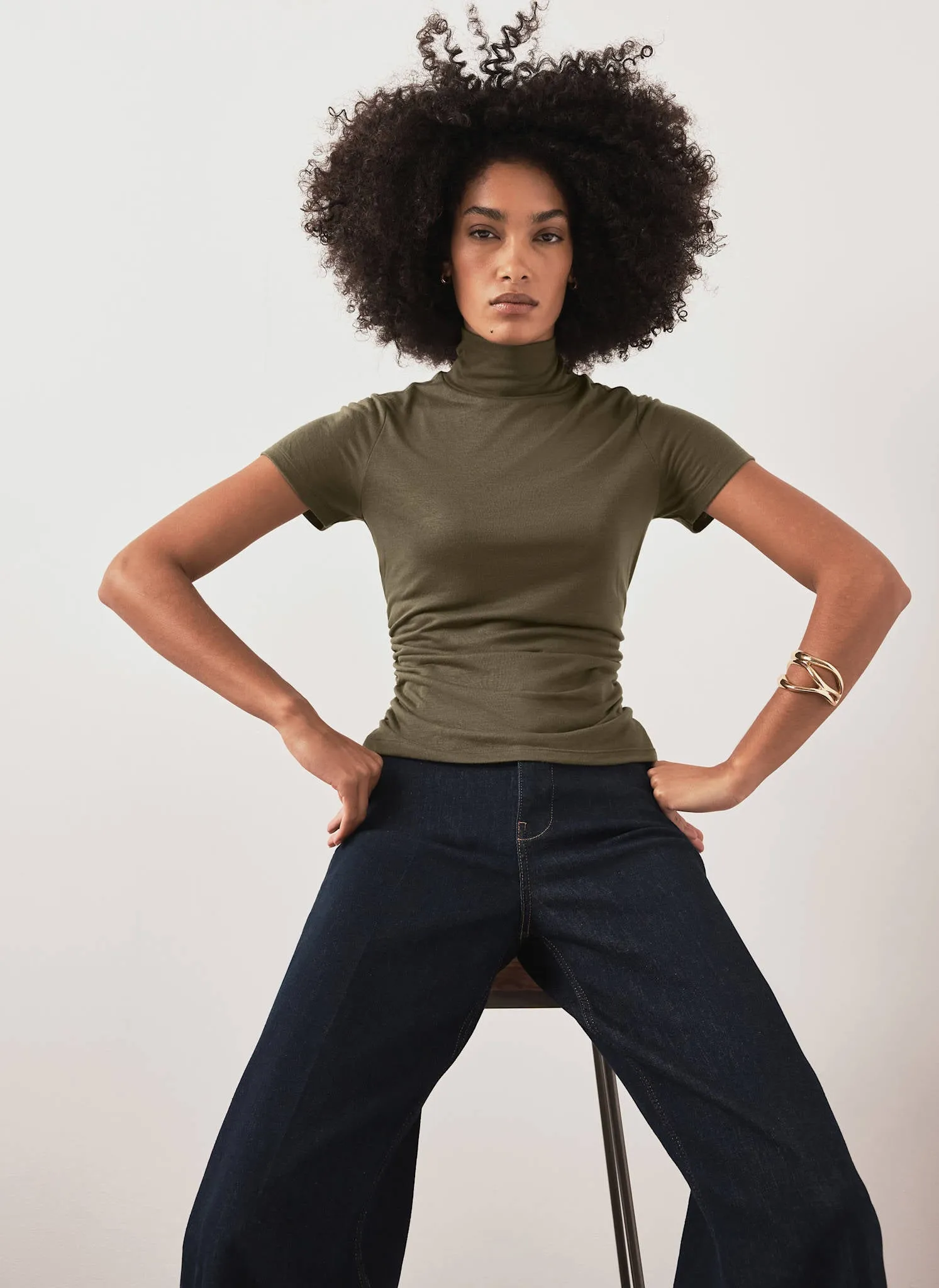Khaki Ruched Detail High Neck Top sold by Mint Velvet product image thumbnail 4