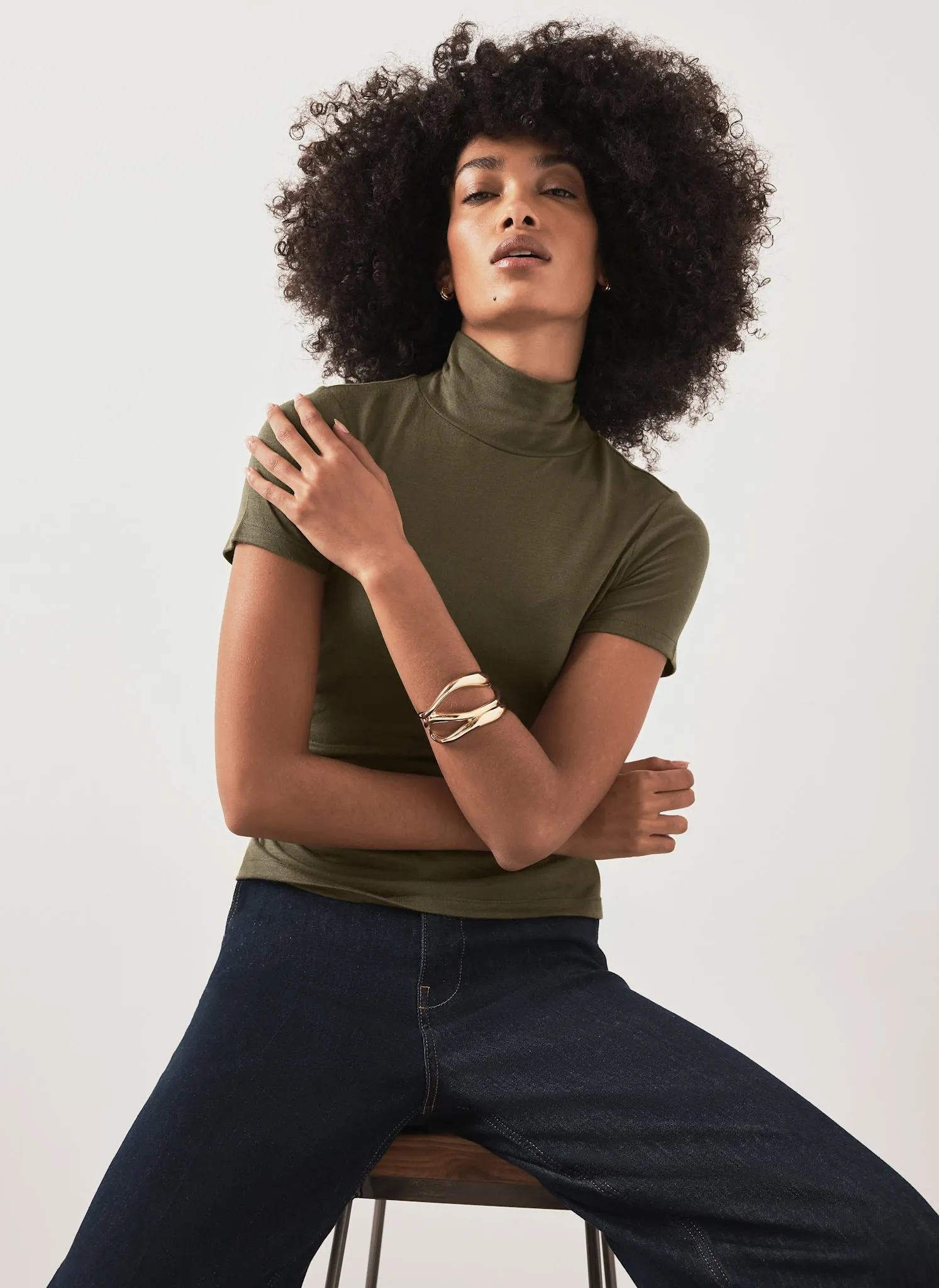 Khaki Ruched Detail High Neck Top sold by Mint Velvet product image thumbnail 2