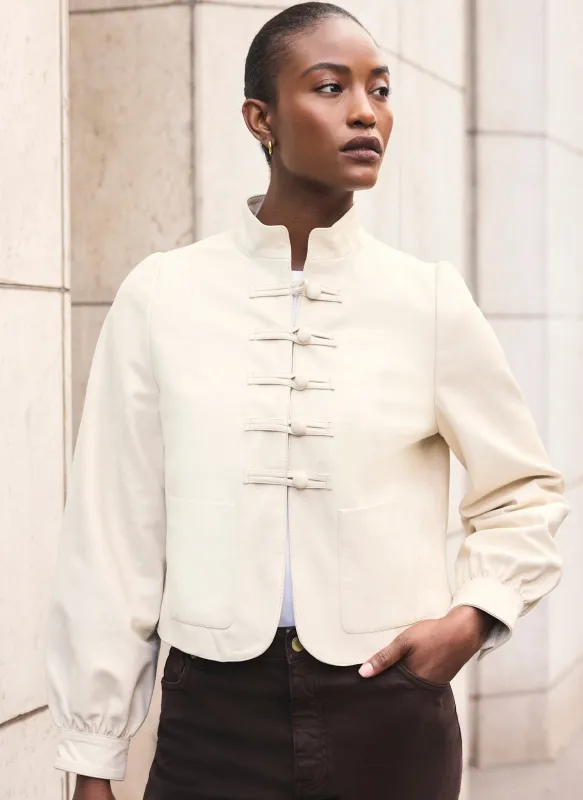 Cream Leather Mandarin Collar Jacket made by Mint Velvet