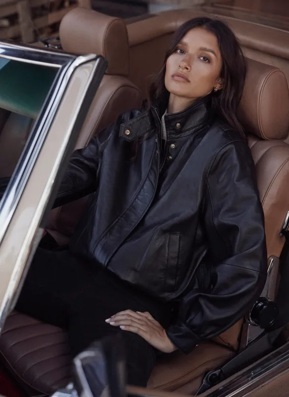 Brown Leather Ultimate Funnel Neck Bomber Jacket made by Mint Velvet