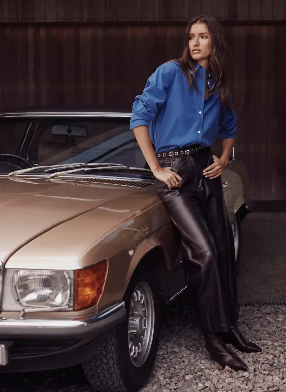 Brown Leather Barrel Leg Trousers made by Mint Velvet