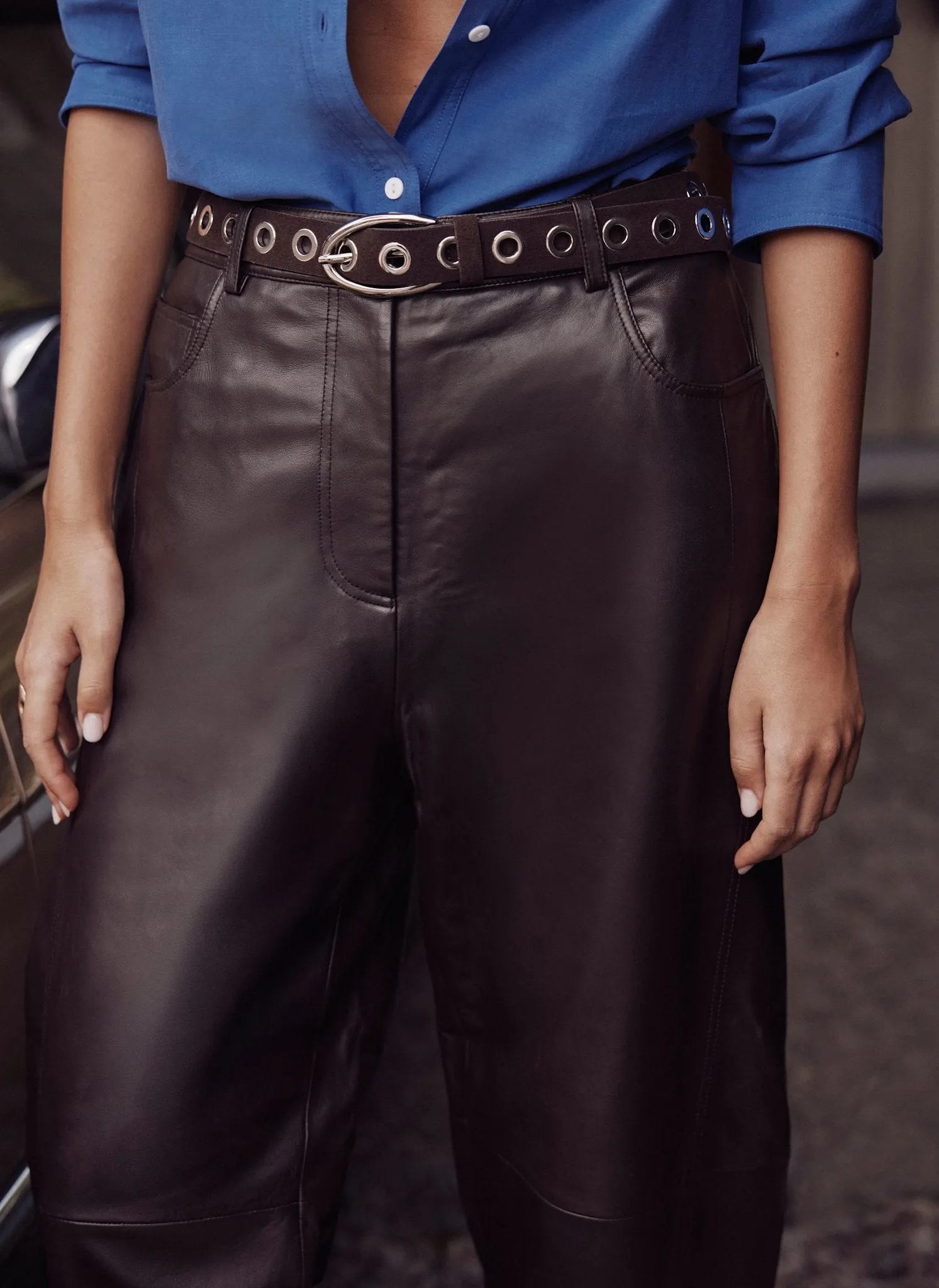 Brown Leather Barrel Leg Trousers sold by Mint Velvet product image thumbnail 3