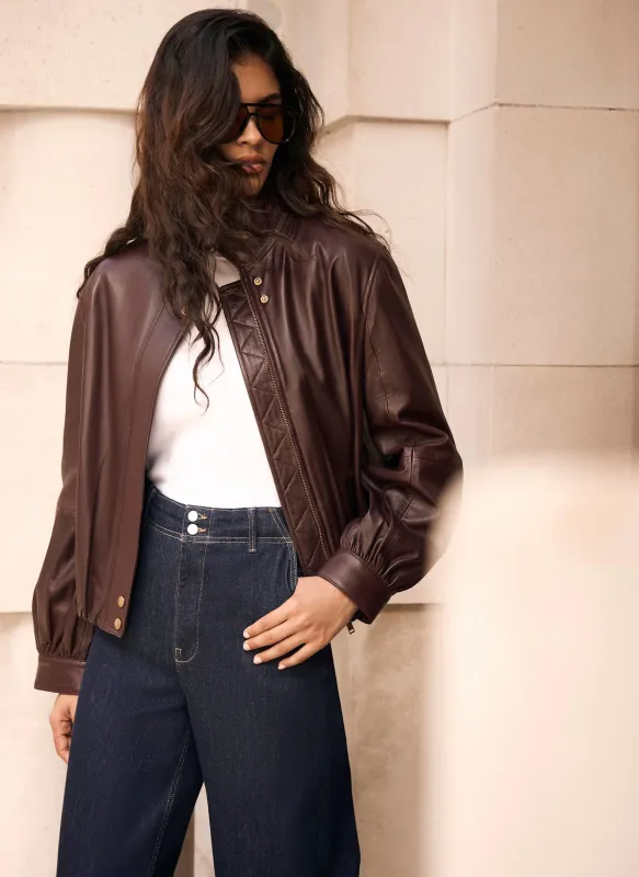 Burgundy Leather Ultimate Funnel Neck Bomber Jacket made by Mint Velvet