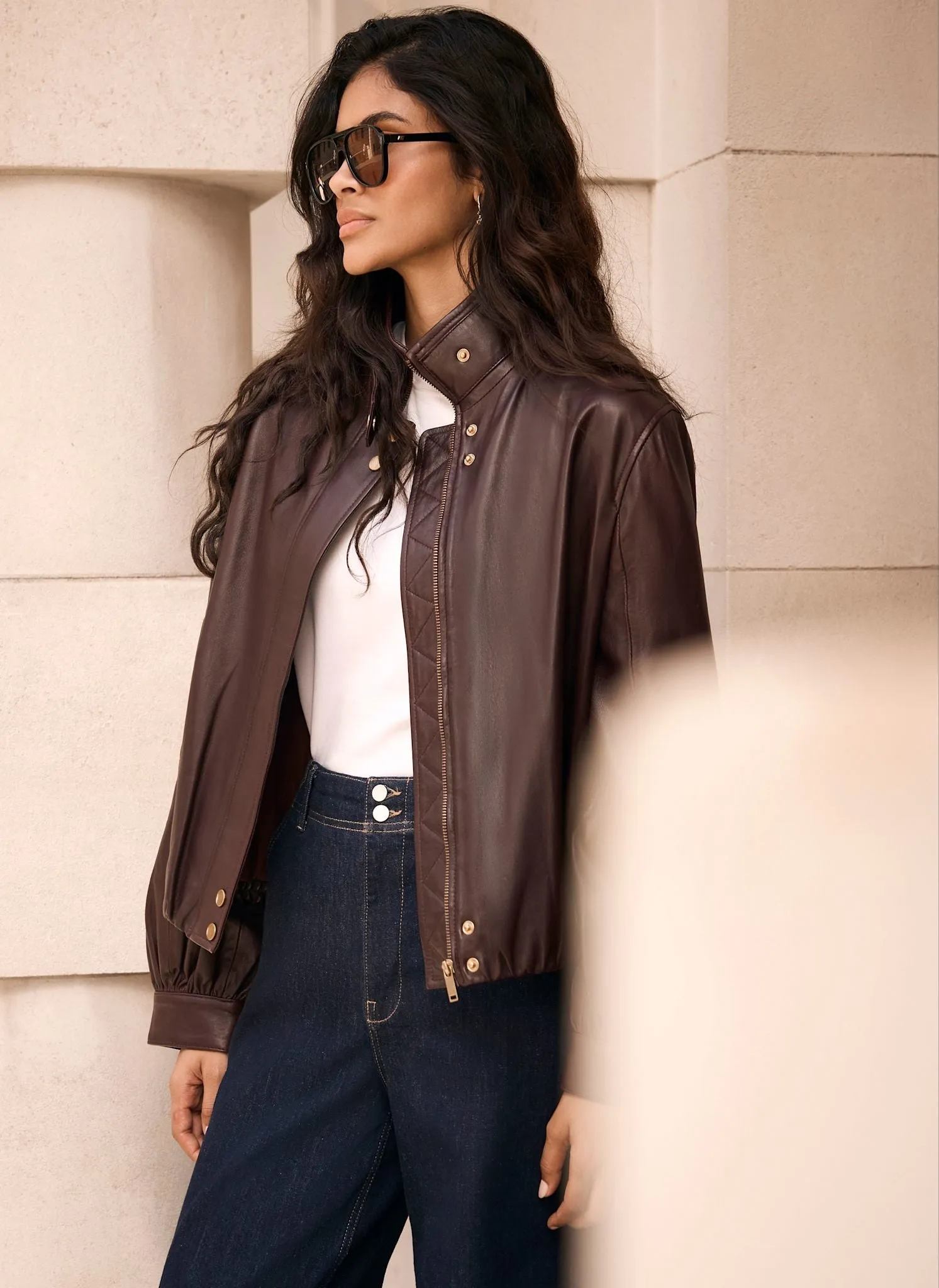 Burgundy Leather Ultimate Funnel Neck Bomber Jacket sold by Mint Velvet product image thumbnail 2