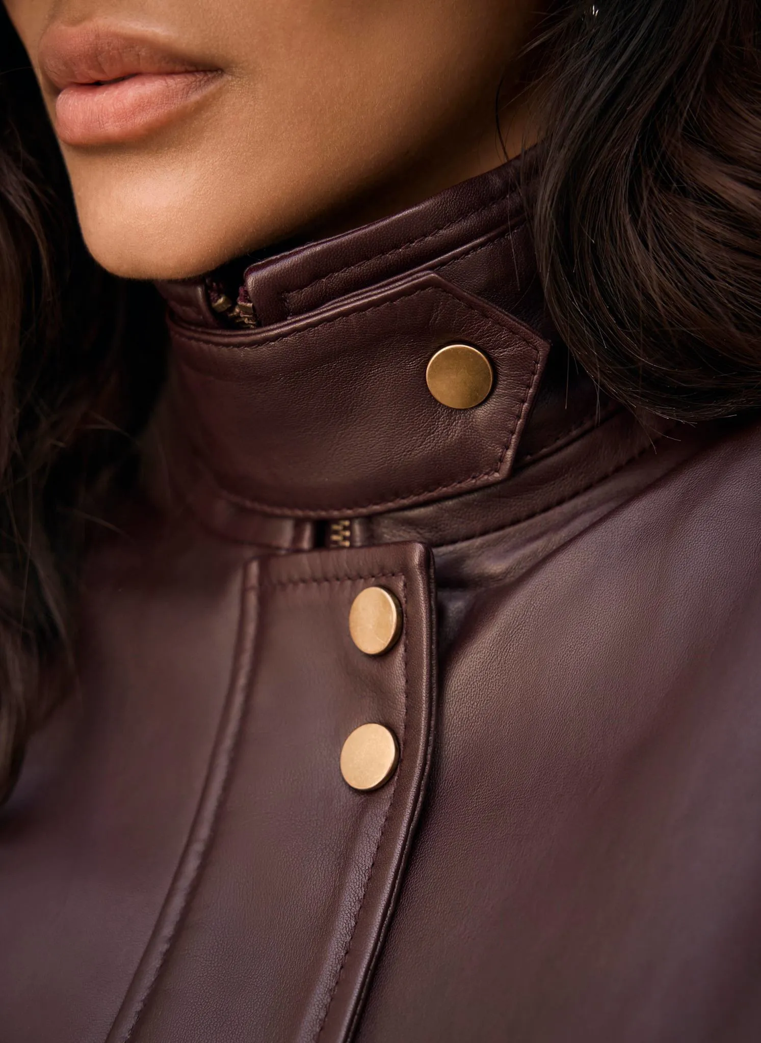 Burgundy Leather Ultimate Funnel Neck Bomber Jacket sold by Mint Velvet product image thumbnail 5