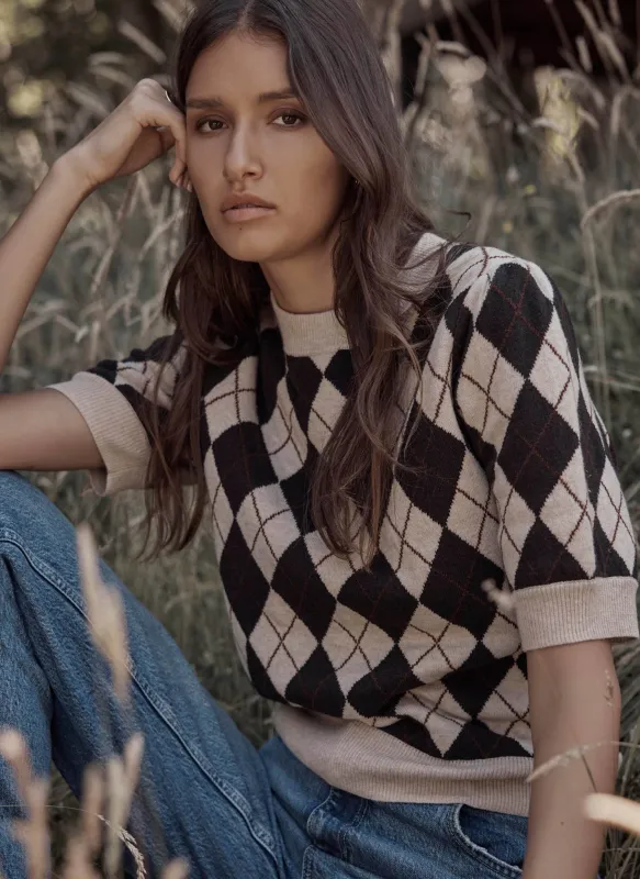 Neutral Cotton Blend Argyle Knit Top made by Mint Velvet