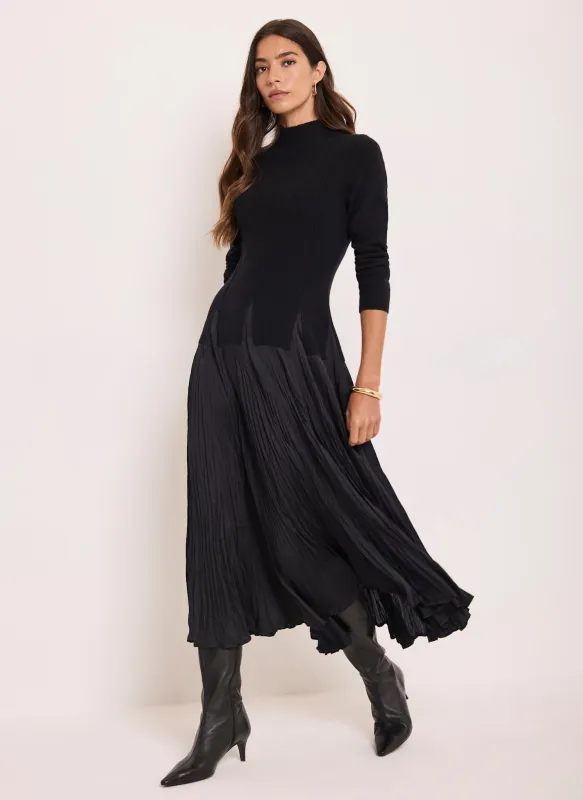 Black Layered Drop Waist Knit Crinkle Midi Dress made by Mint Velvet