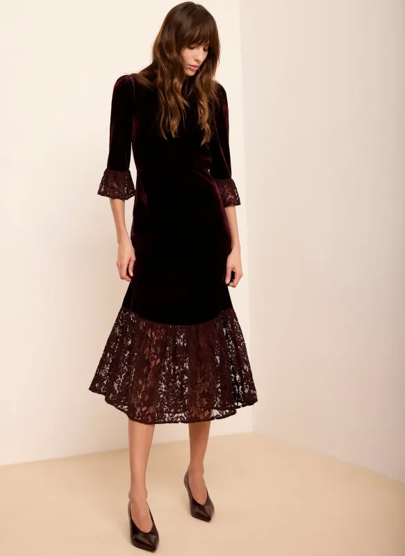 Burgundy Velvet Lace Trim Midi Dress made by Mint Velvet