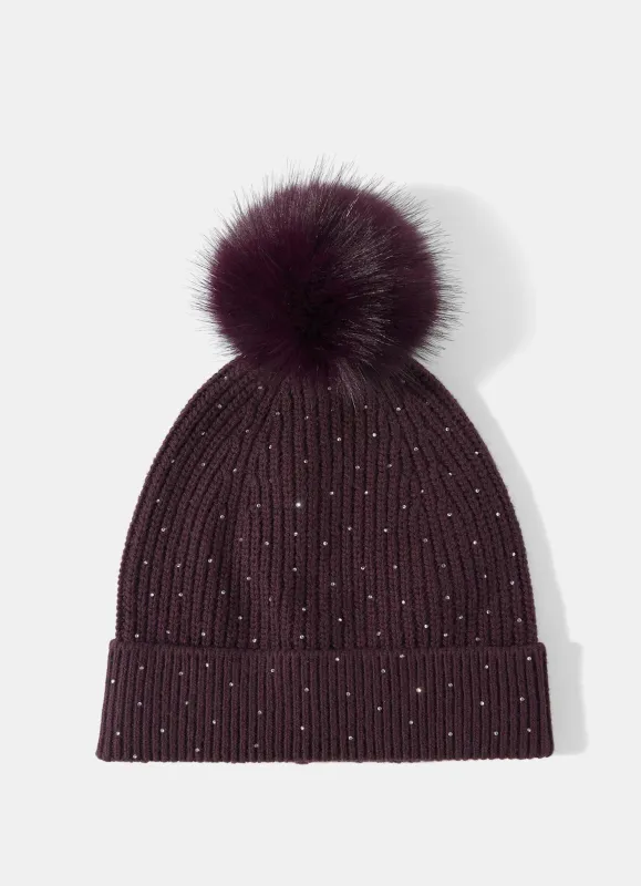 Burgundy Embellished Knit Bobble Hat made by Mint Velvet