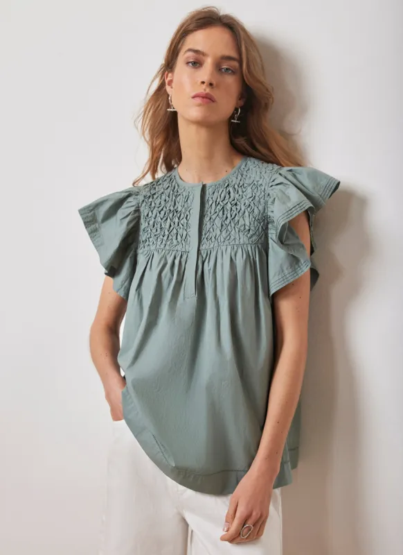 Blue Cotton Smocked Top sold by Mint Velvet