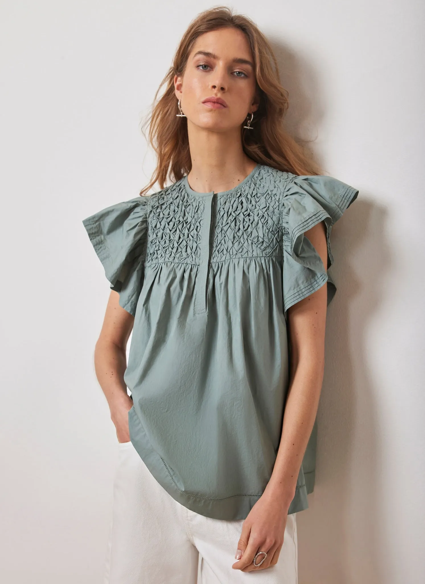 Blue Cotton Smocked Top sold by Mint Velvet
