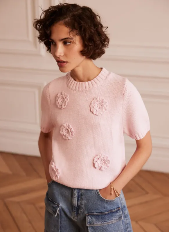 Pink Cotton Blend Flower Knit T-Shirt sold by Mint Velvet