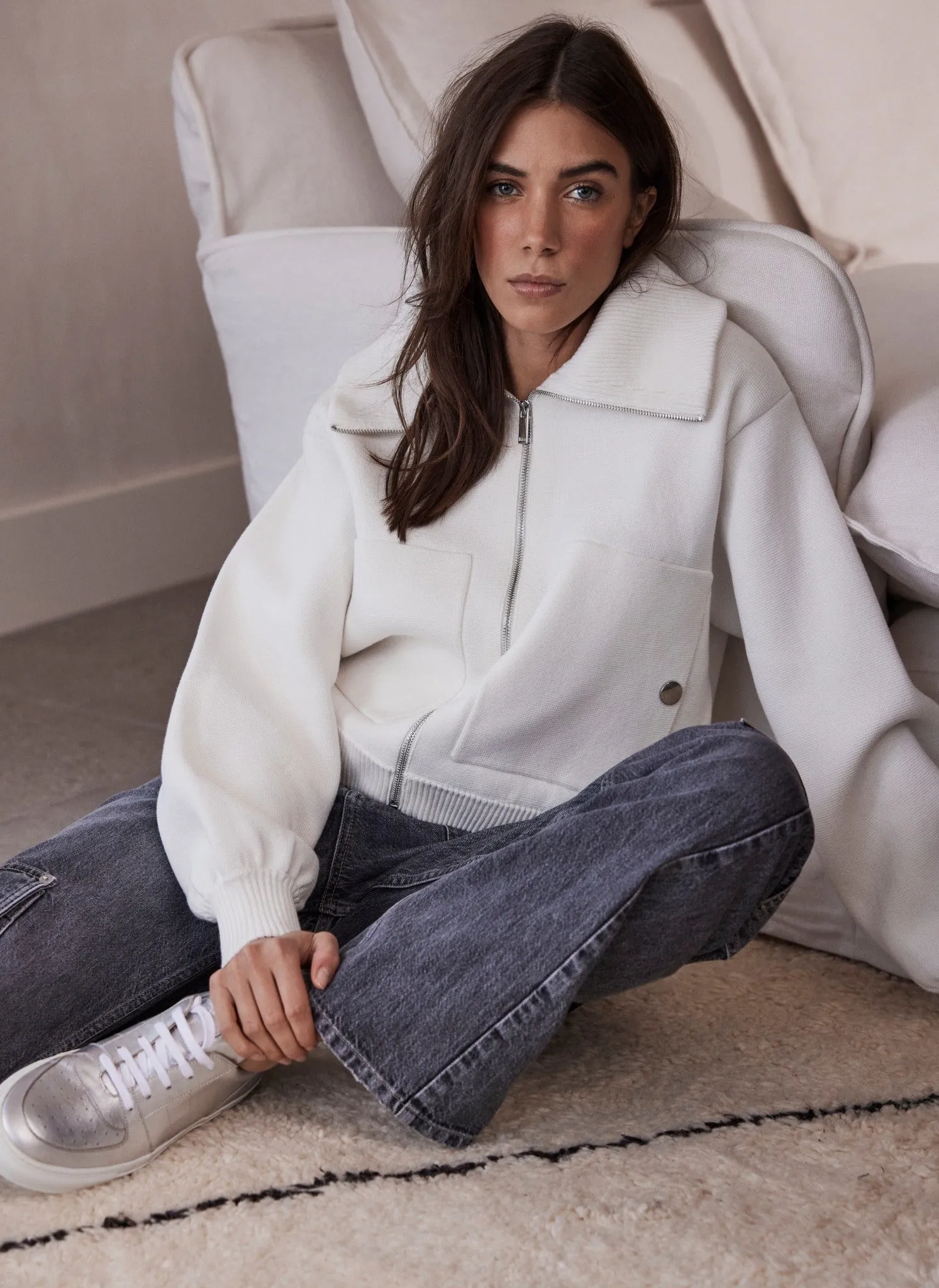 Cream Cotton Knit Bomber Jacket sold by Mint Velvet product image thumbnail 2