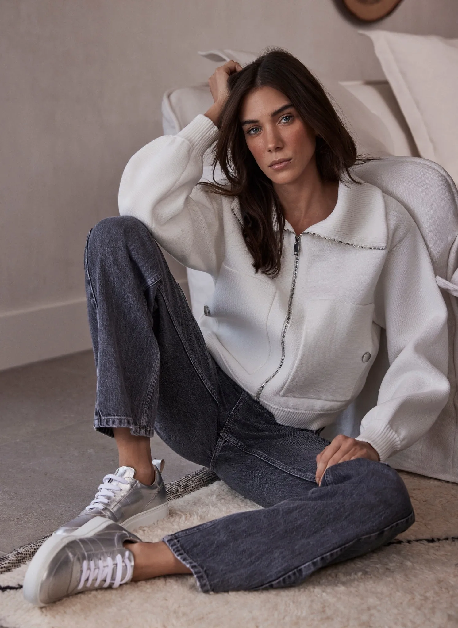 Cream Cotton Knit Bomber Jacket sold by Mint Velvet