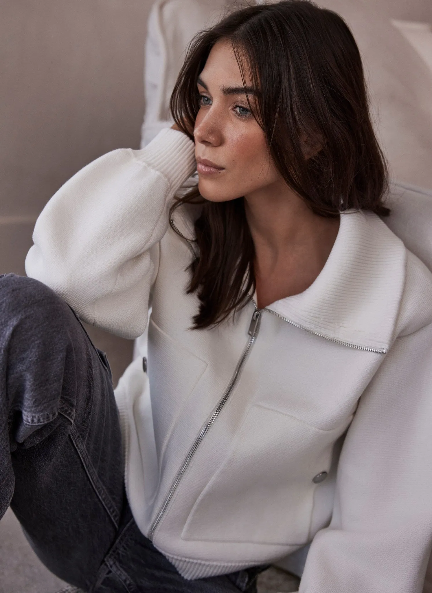 Cream Cotton Knit Bomber Jacket sold by Mint Velvet product image thumbnail 3