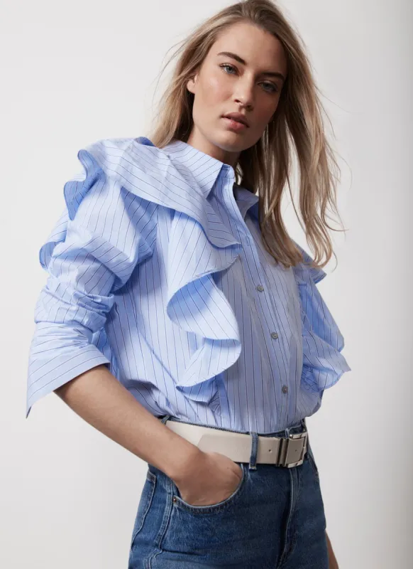 Blue Striped Ruffle Shirt sold by Mint Velvet