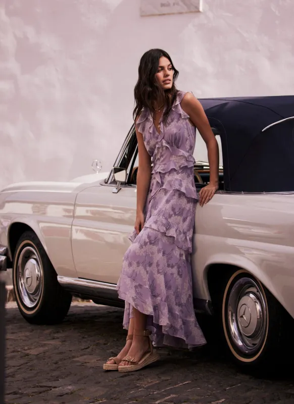 Lilac Floral Ruffle Maxi Dress sold by Mint Velvet