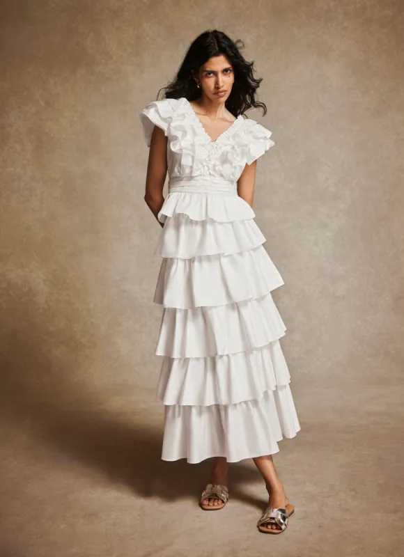 White Cotton Tiered Ruffle Maxi Skirt sold by Mint Velvet