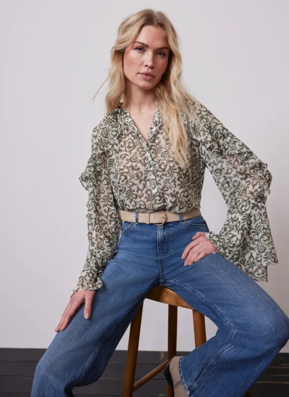Khaki Print Ruffle Blouse sold by Mint Velvet