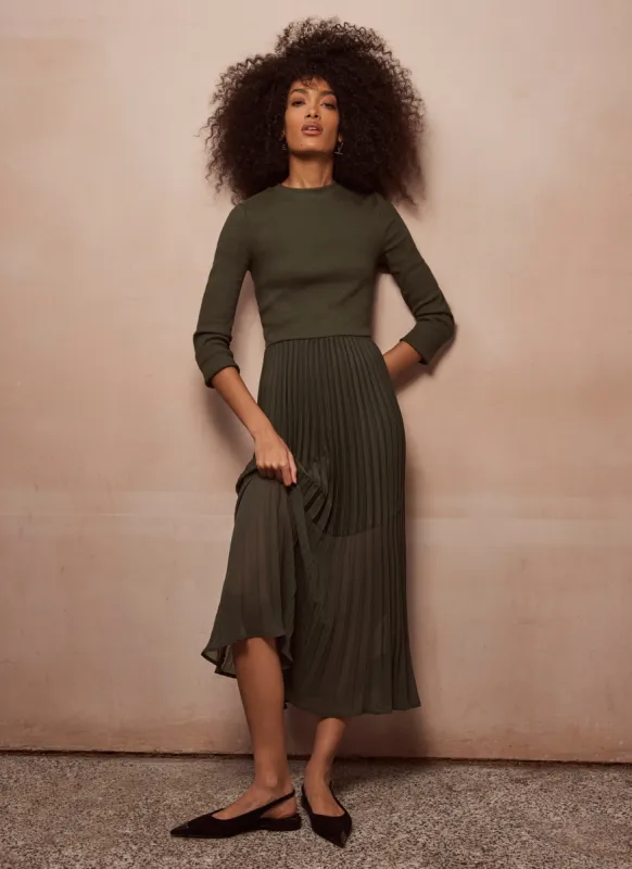Khaki Jersey Pleat Midi Dress sold by Mint Velvet